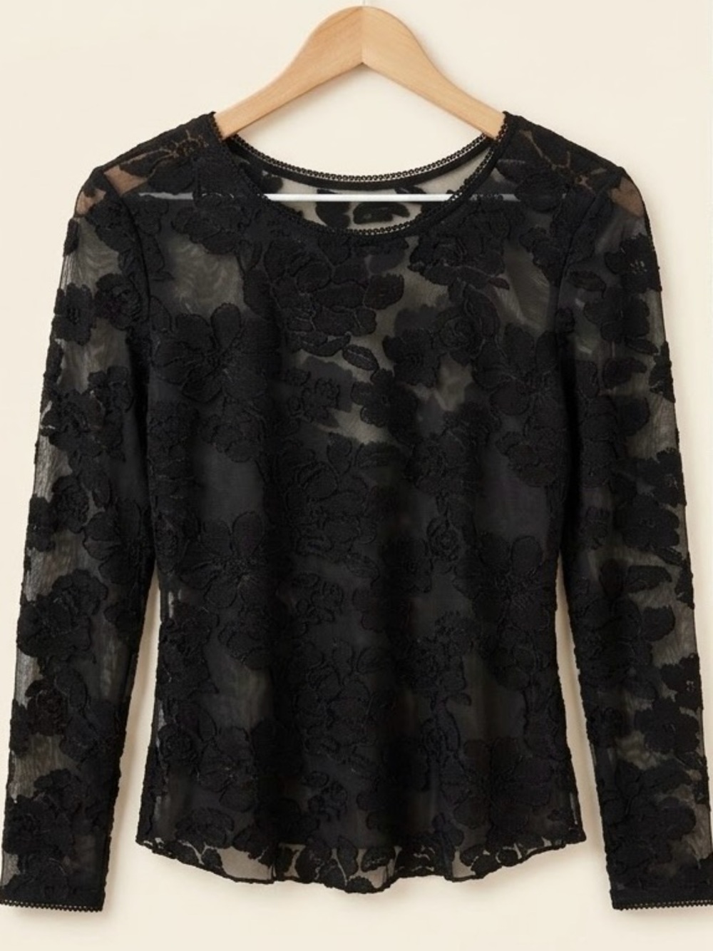 Free People Black Floral Lace Long-Sleeve Top - Classic Sheer Womens Blouse